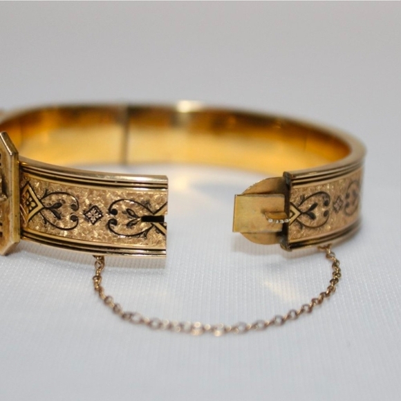 Antique Victorian Gold Filled Enamel Taille D'Epargne Buckle Bangle Bracelet - Picture 5 of 8